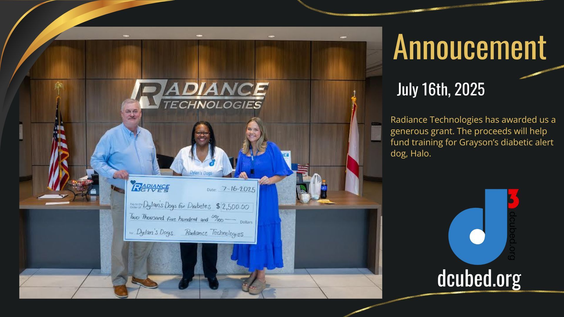 Three people hold a large ceremonial check inside the Radiance Technologies office to support dcubed.org programs.