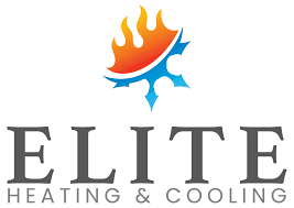 Logo for Elite Heating & Cooling with a flame and snowflake icon above the company name in grey text.