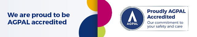 AGPAL accreditation banner with blue and magenta logo and text: “Proudly AGPAL Accredited”
