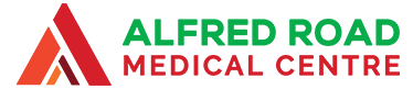 Alfred Road Medical Centre logo in green, red, and black text with a red triangular icon