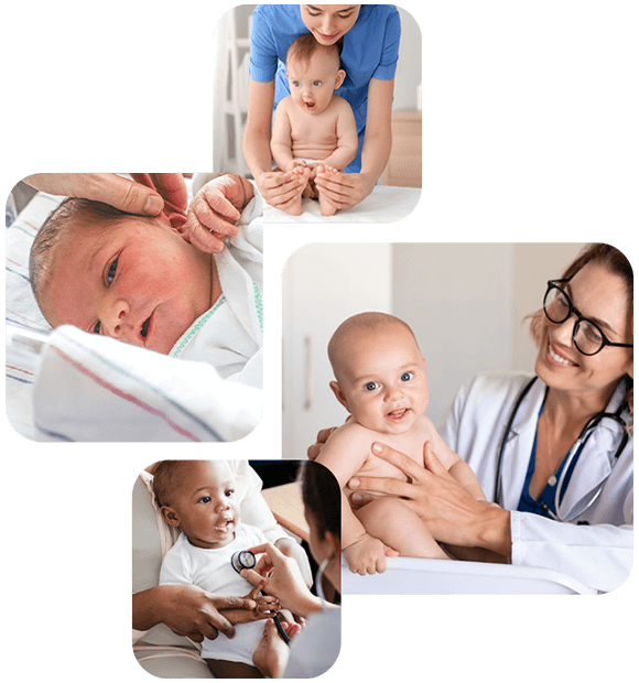 Collage of newborn and infant medical care with nurses and doctors holding and examining babies