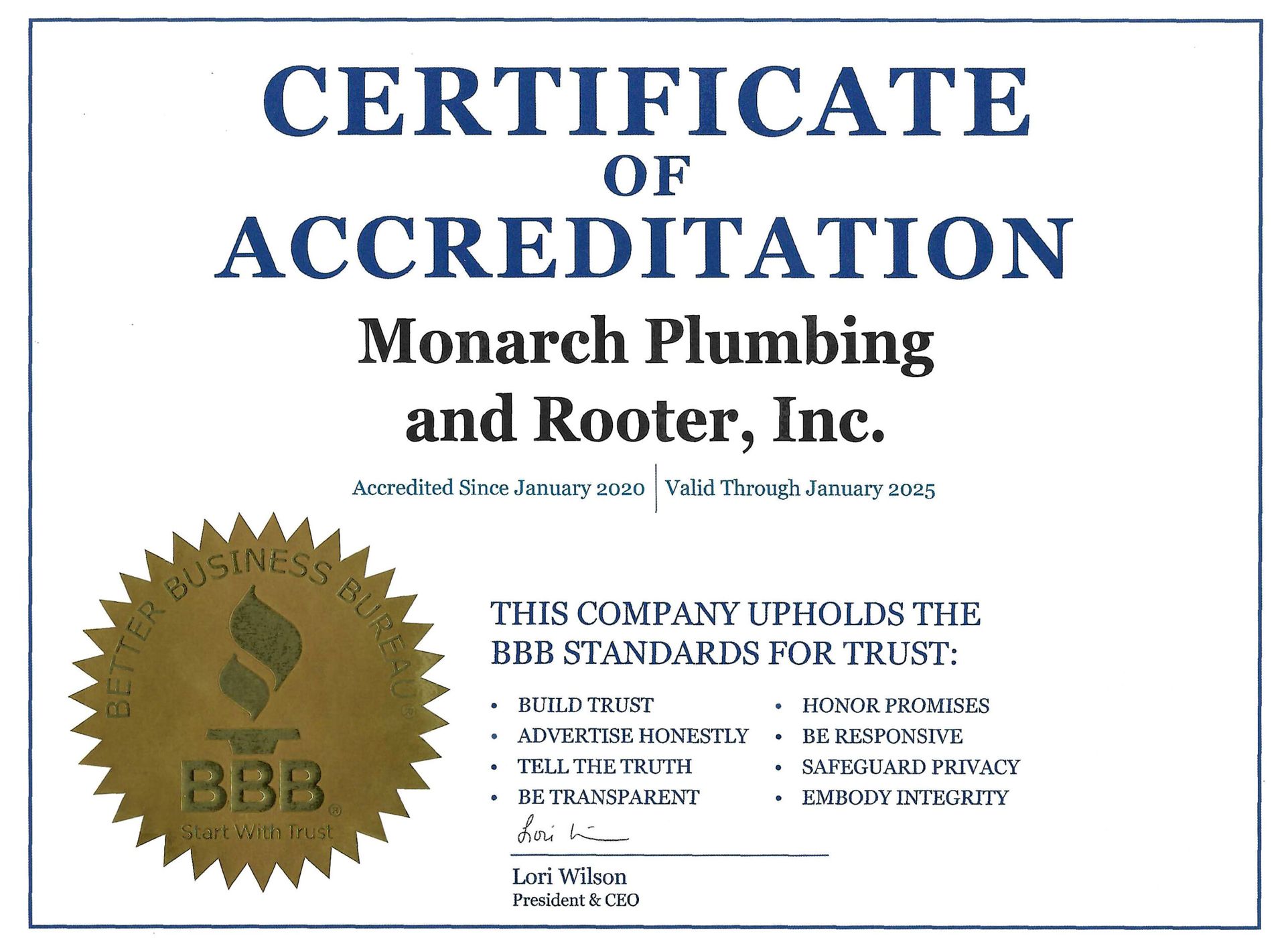 Certificate of accreditation for Monarch Plumbing and Roofer, Inc. with gold BBB seal on white background