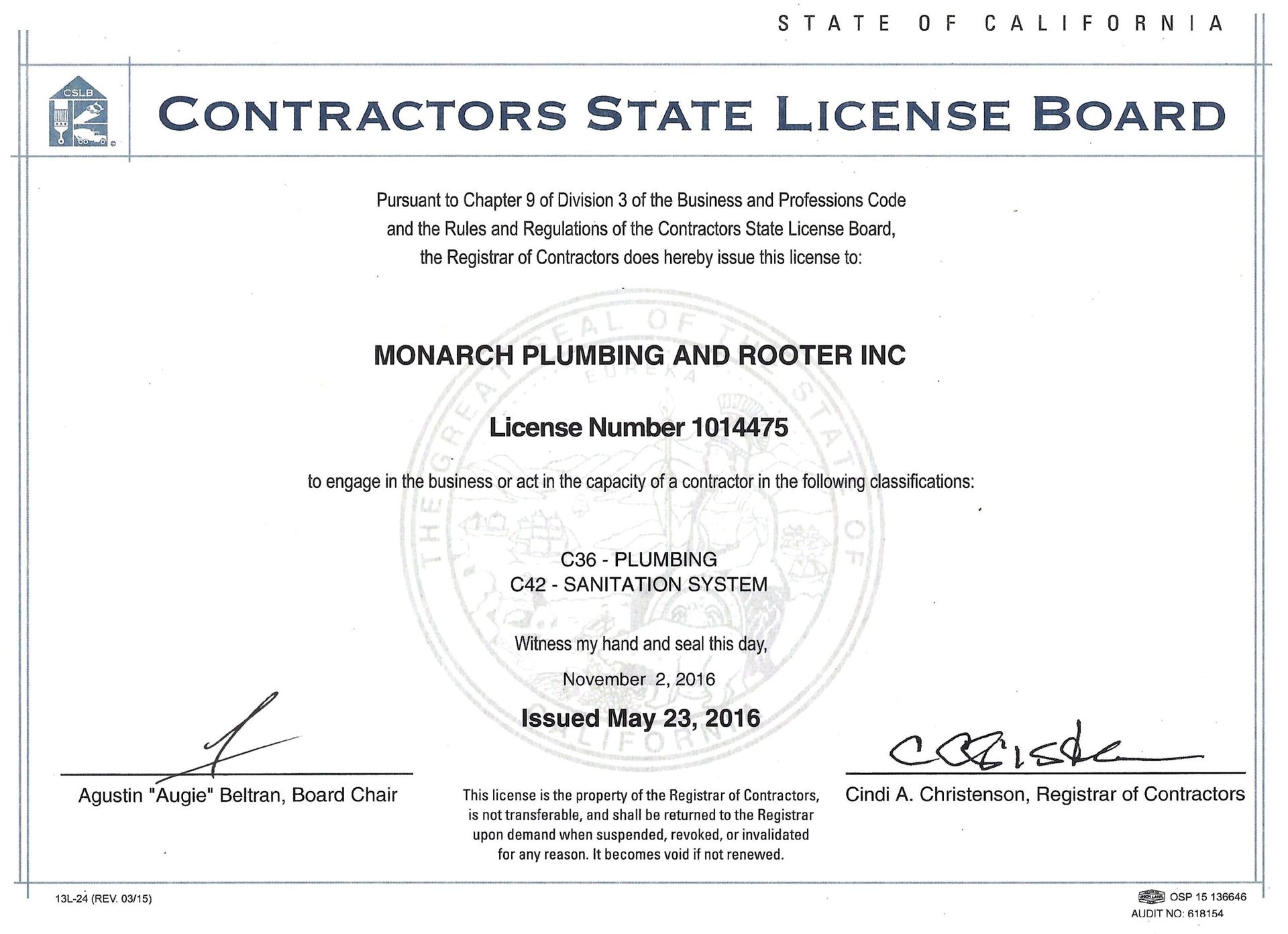 California Contractors State License Board contractor license certificate with seal and signatures