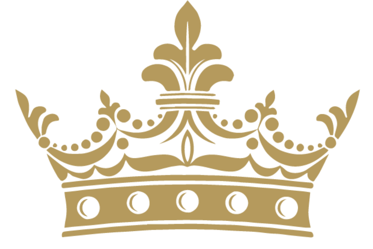 Gold crown with pearl-like circles and ornate fleur-de-lis details on a white background