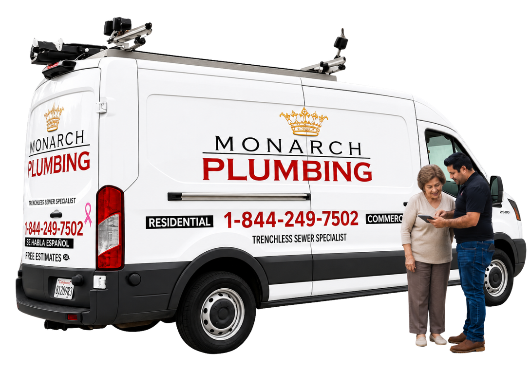 Monarch technician with client stand beside a white Monarch Plumbing work van.