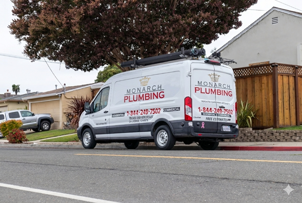 White plumbing service van parked on a residential street beside a sidewalk and houses