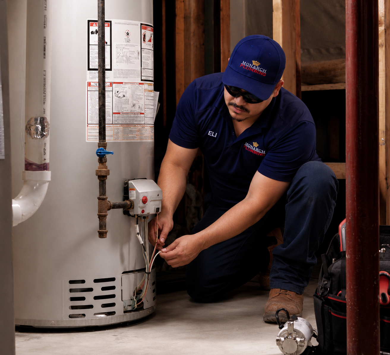 Tall water heater in an outdoor alcove with copper pipes.