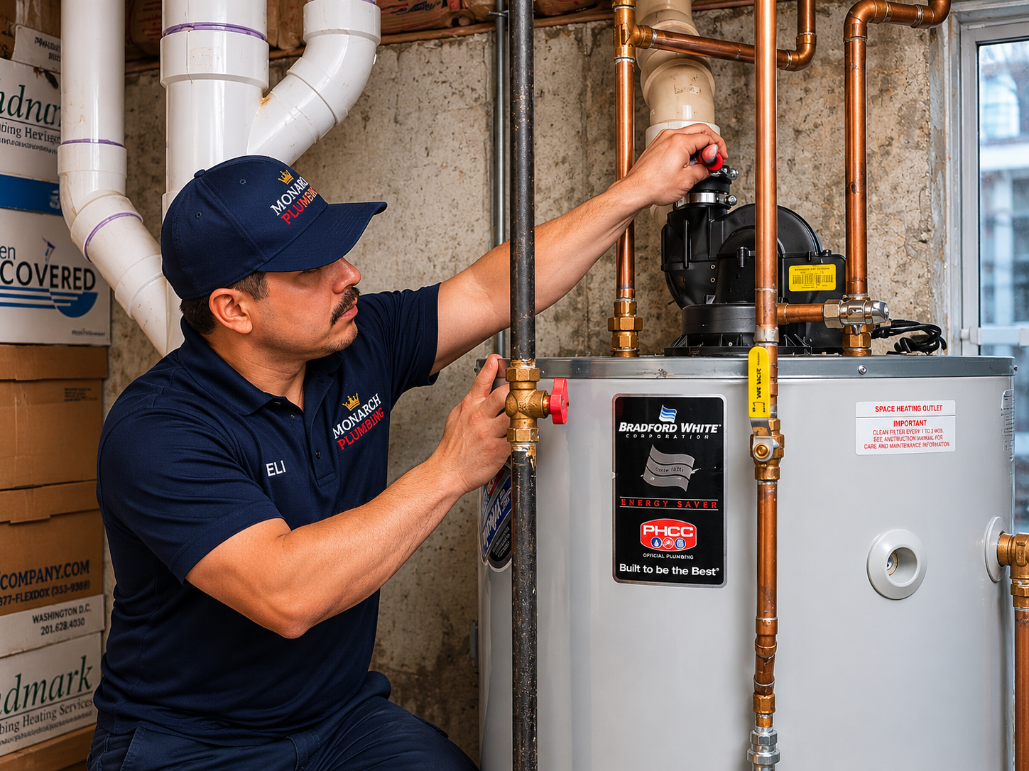 Monarch team member installing a new water heater in the bay area