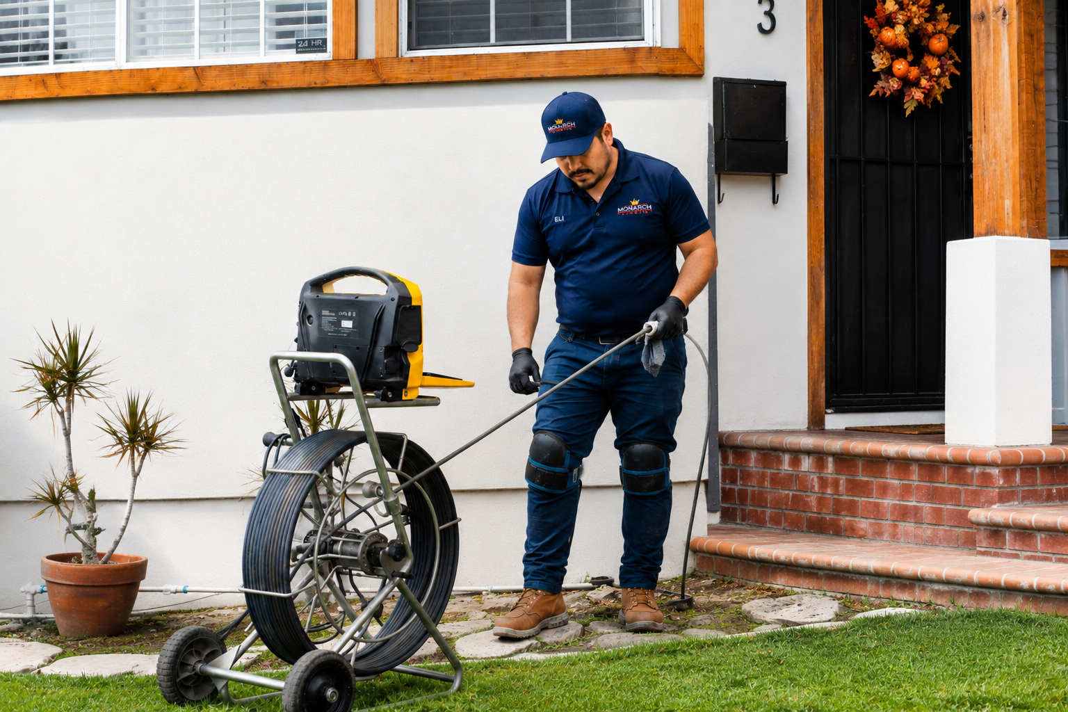 Technician using plumbing inspection equipment at a house in the bay area