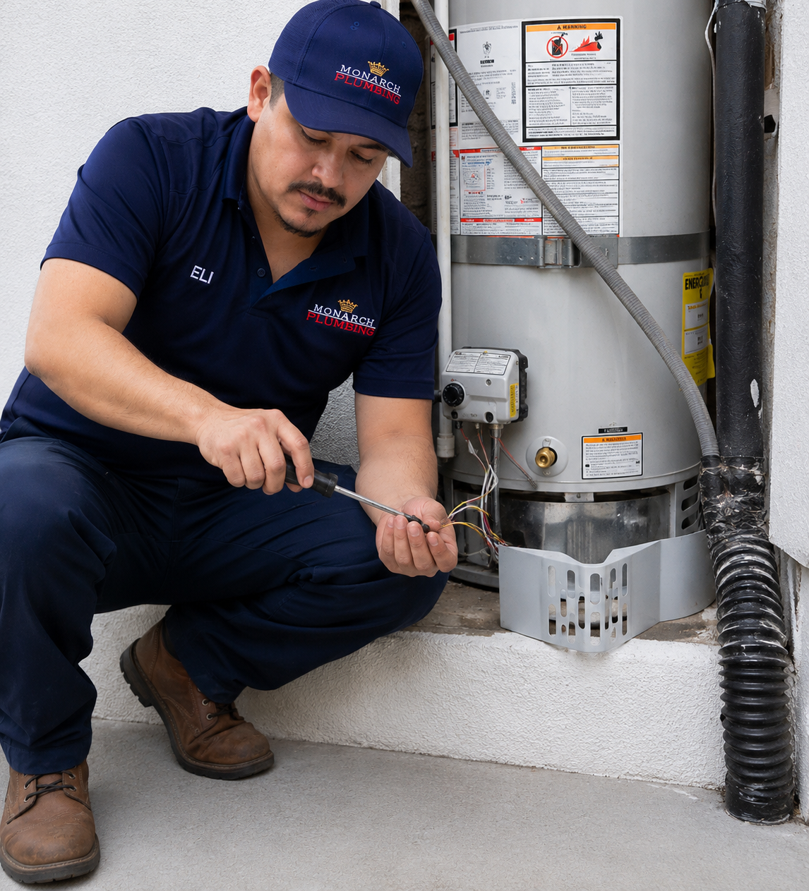 Monarch team member working on water heater installation in bay area