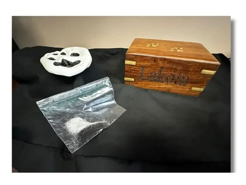 A white clown mask, bag of powder, and wooden box on a black cloth.