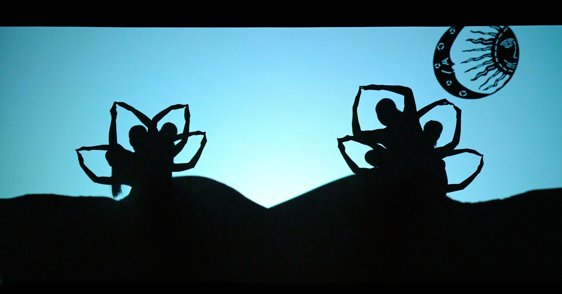 Two dark cat silhouettes on a hill at dusk under a glowing moon
