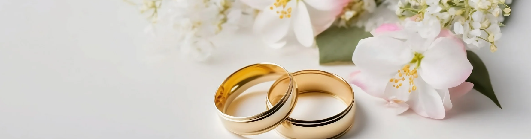 Two gold wedding rings with white and pink flowers.