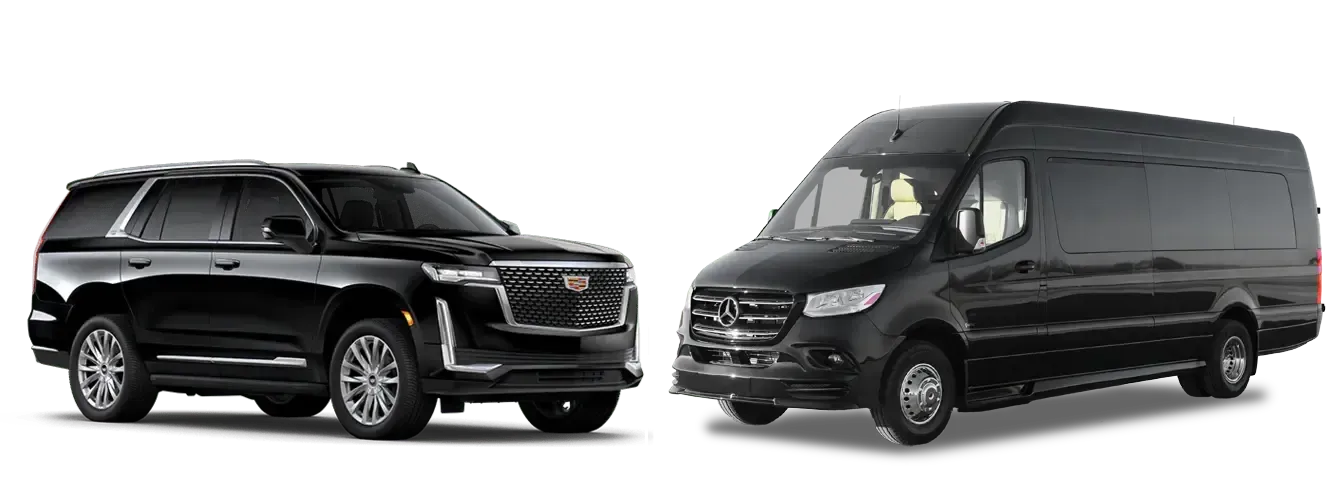 A black suv and a black van are parked next to each other on a white background.