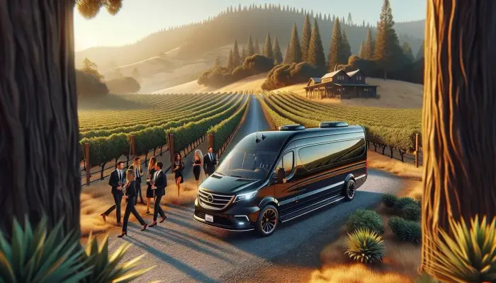 A van is parked on the side of a road next to a vineyard.