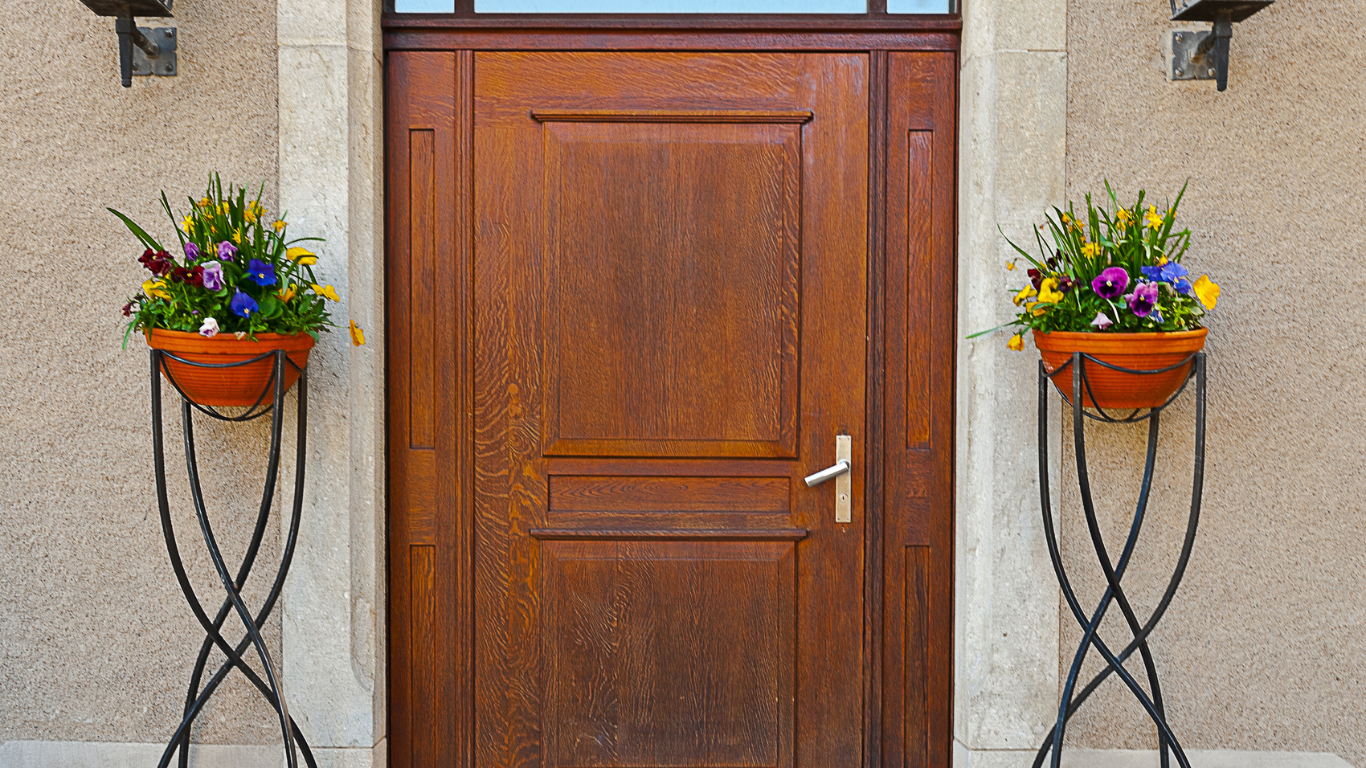A wooden door with two potted plants in front of it