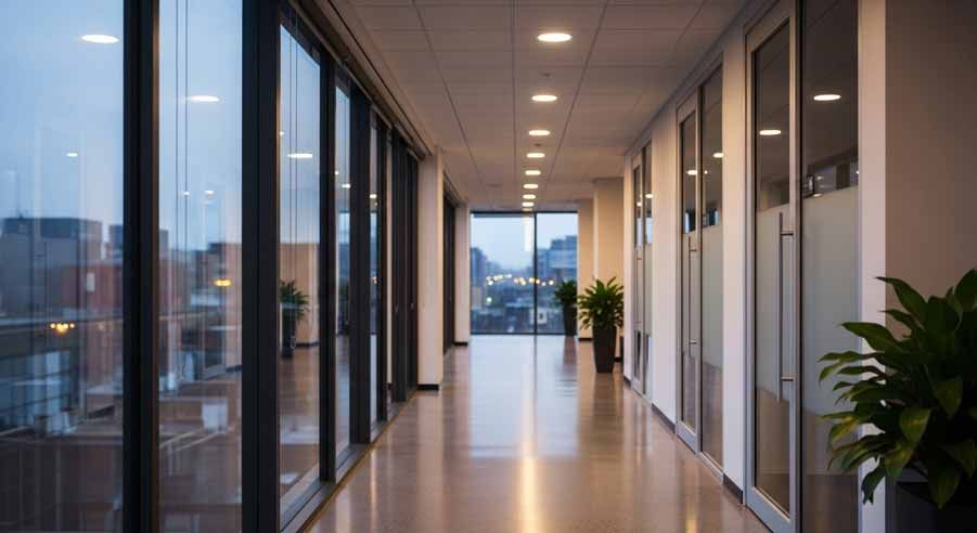 Bright office corridor with glass walls, ceiling lights, and potted plants, leading to a city view.
