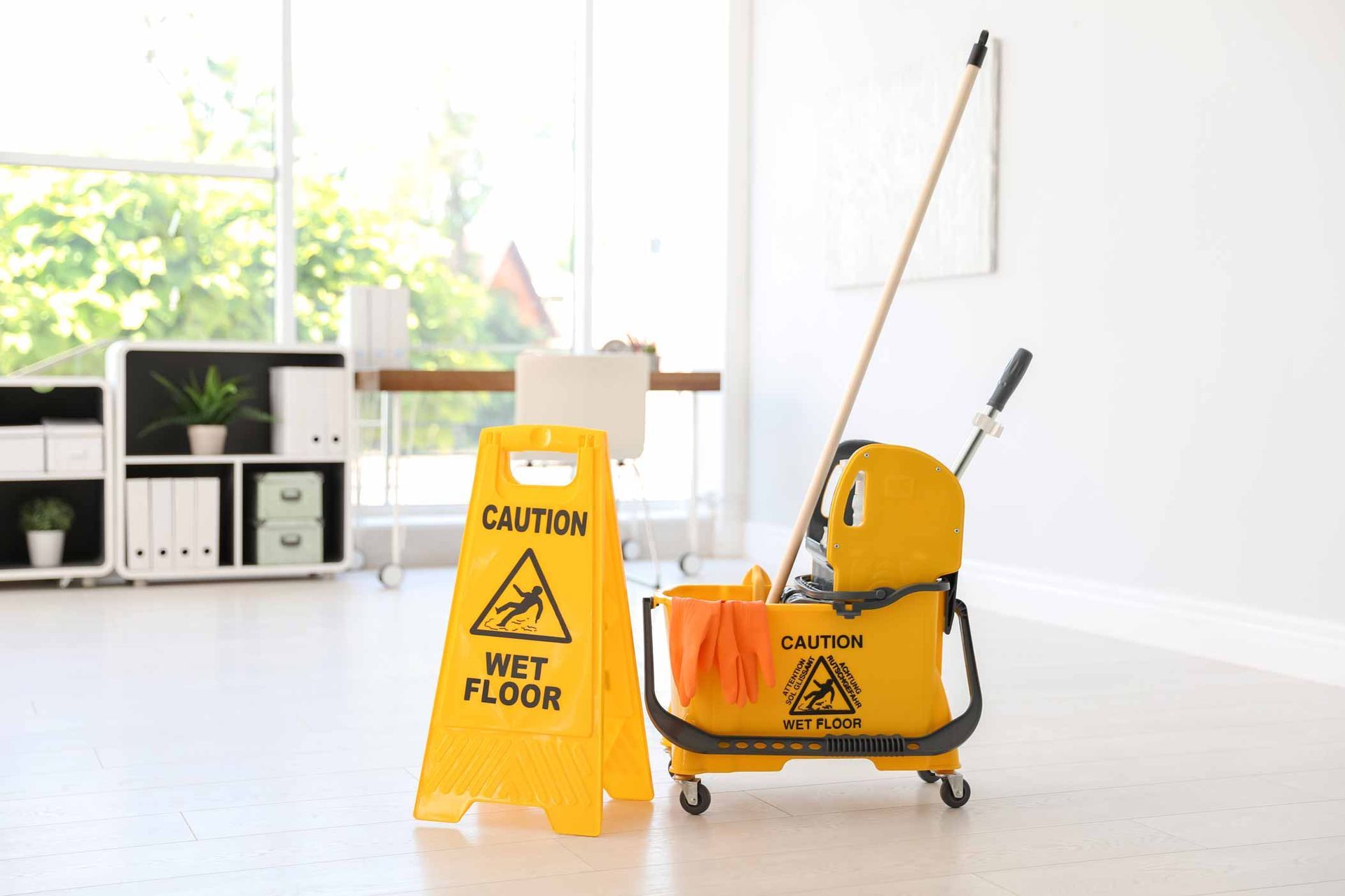 Yellow caution sign and mop bucket on a bright kitchen floor