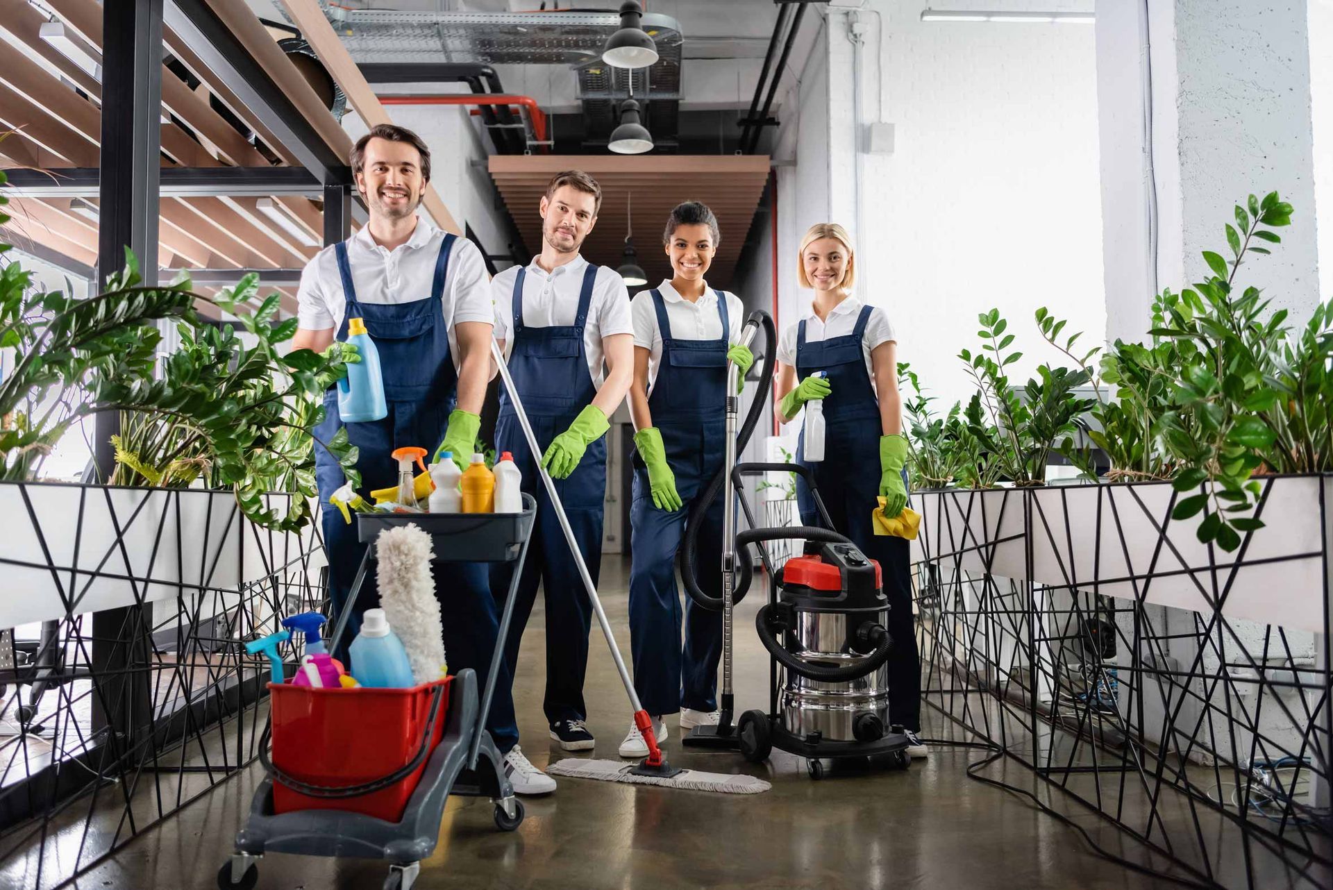 Cleaning crew with mops and supplies in a bright office hallway with potted plants and a vacuum cleaner