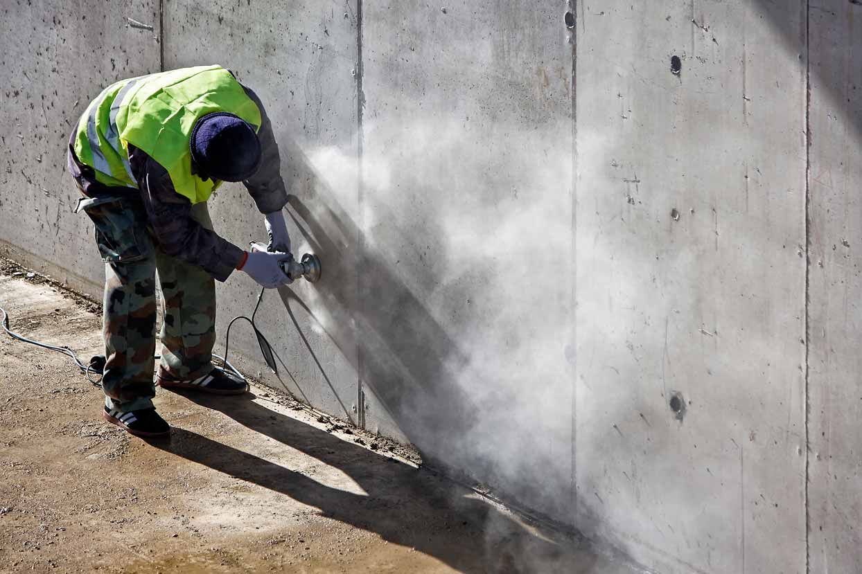 Worker in neon vest using a power tool on a concrete wall outdoors
