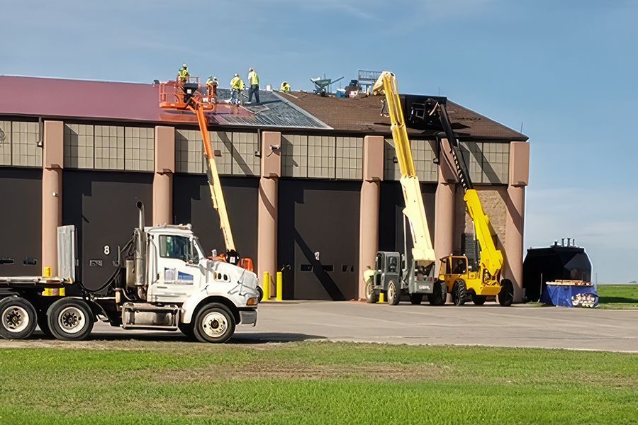 A fire station at Minot Air Force Base in Minot, North Dakota features a fully- adhered Sarnafil Deco-Rib PVC Roof System.