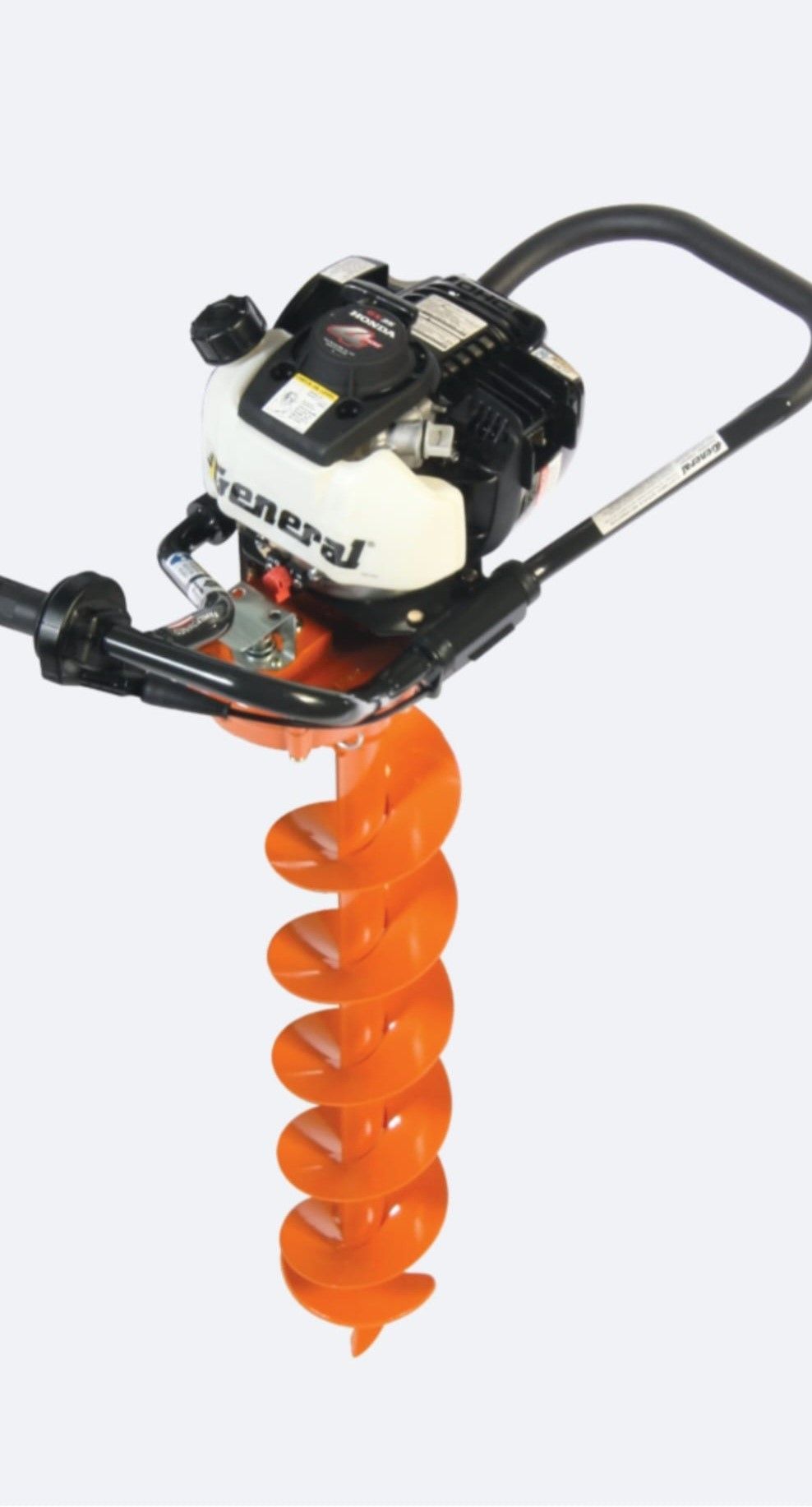 A close up of a gas powered auger on a white background.