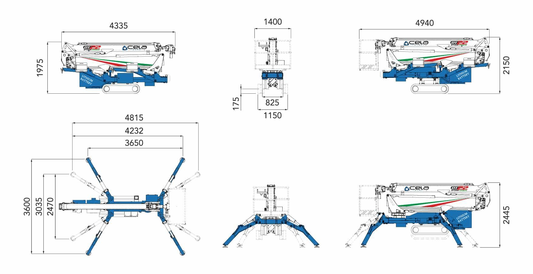 A drawing of a crane with measurements on a white background.