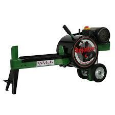 A green and black log splitter with wheels on a white background.