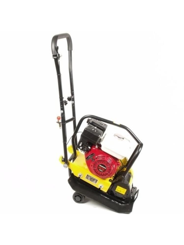 A yellow and black machine with a red engine on a white background.