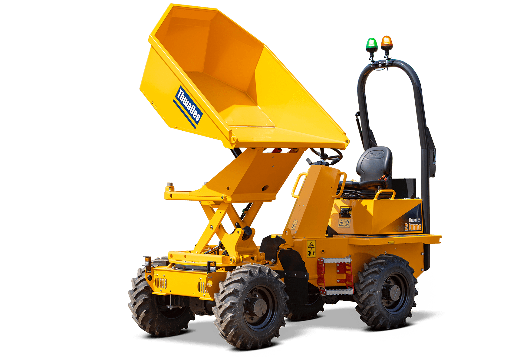 A yellow dump truck is sitting on a white background.