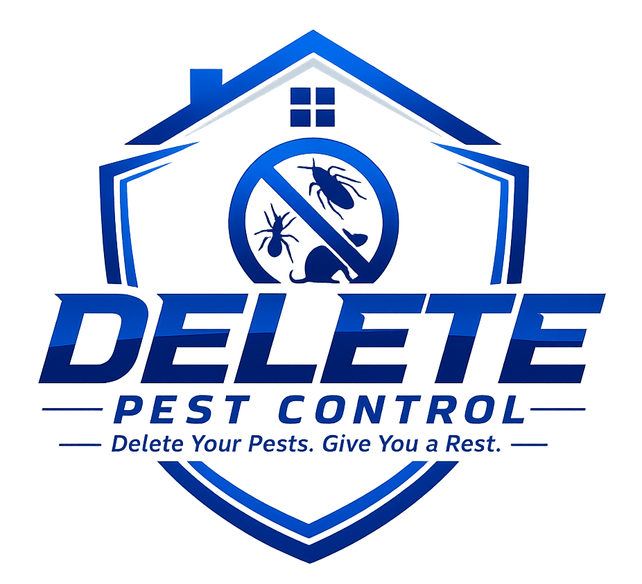 Blue Delete Pest Control logo with shield, house, and insect icons, tagline: &ldquo;Delete Your Pests. Give You a Rest.&rdquo;