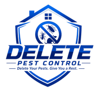Blue Delete Pest Control logo with shield, house, and insect icons, tagline: &ldquo;Delete Your Pests. Give You a Rest.&rdquo;