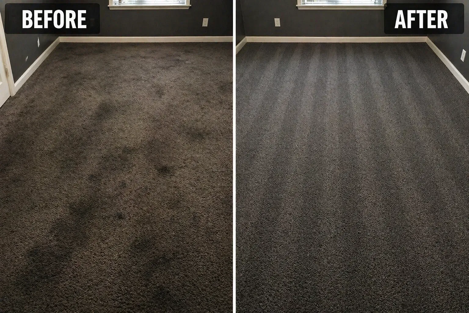 Split-view carpet before-and-after: stained brown carpet on left, clean striped gray carpet on right.