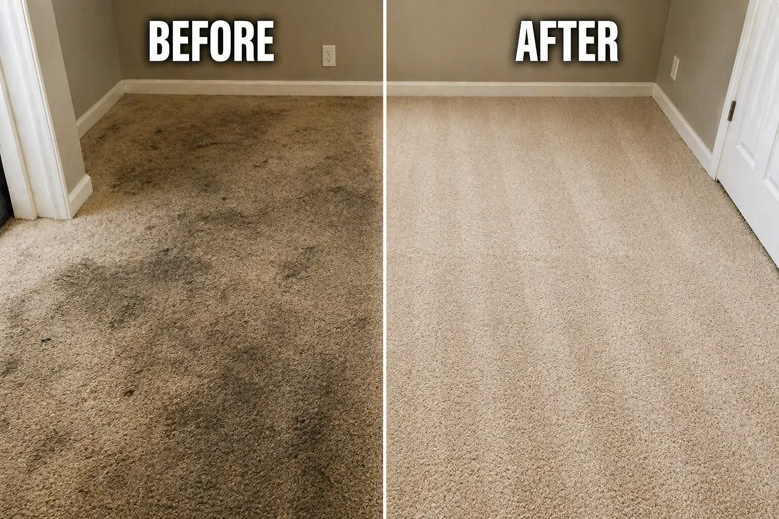 Split-view of dirty carpet before and clean beige carpet after cleaning in a hallway