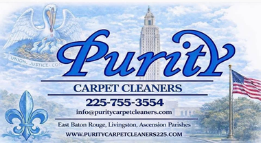 Purit Carpet Care business card with blue logo, phone number, website, and city skyline background