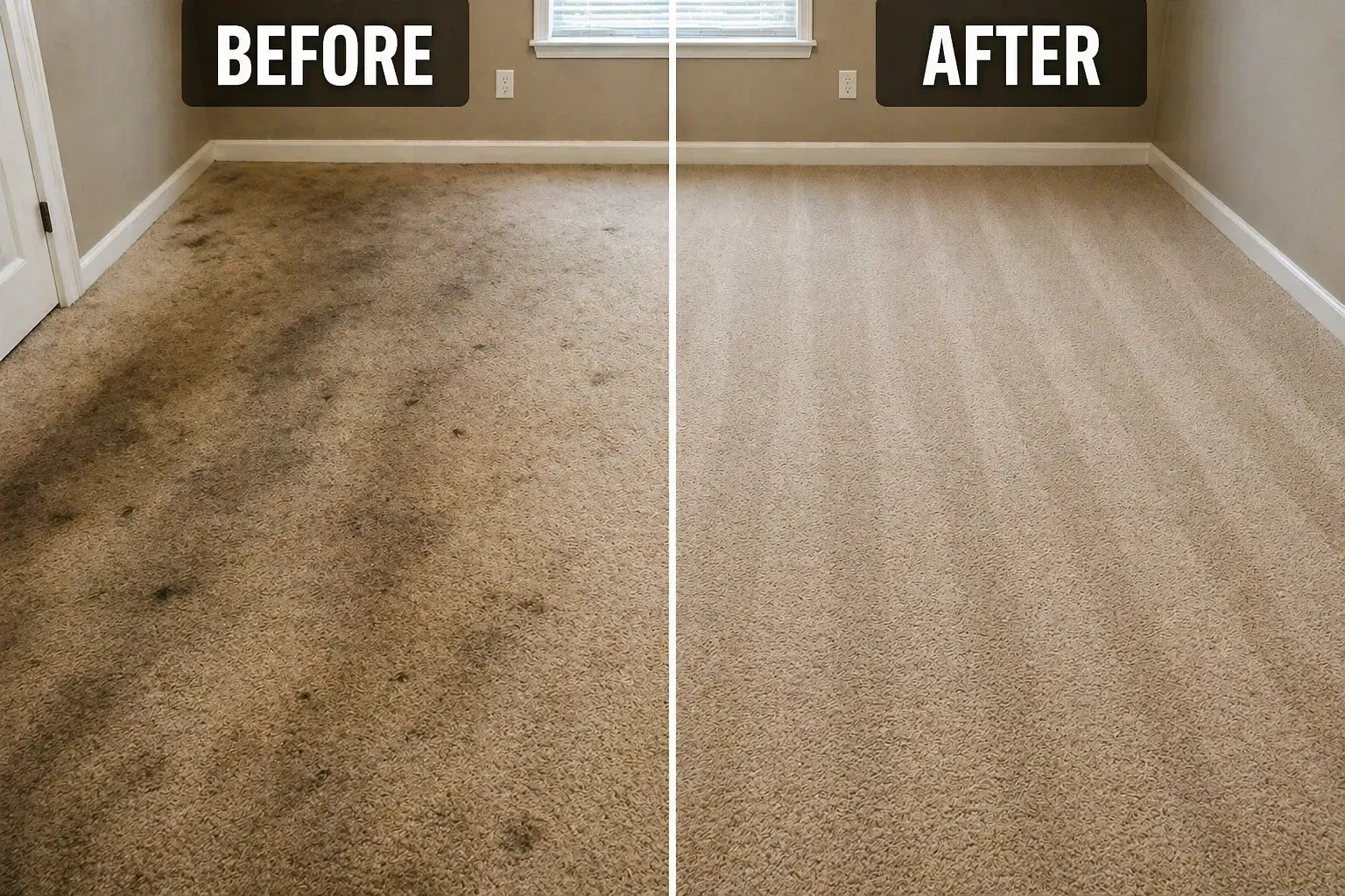 Before-and-after carpet cleaning: stained beige carpet on left, clean light carpet on right.