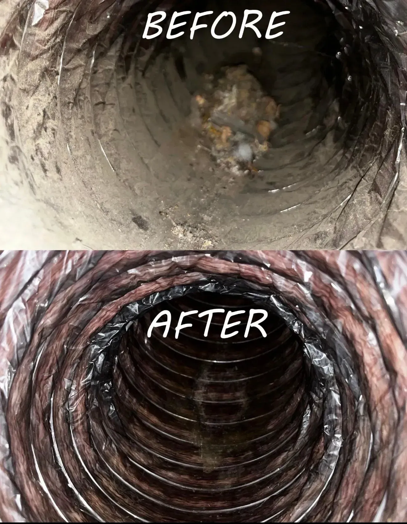 Before-and-after view of a dirty pipe interior cleaned to a dark, ribbed tunnel.