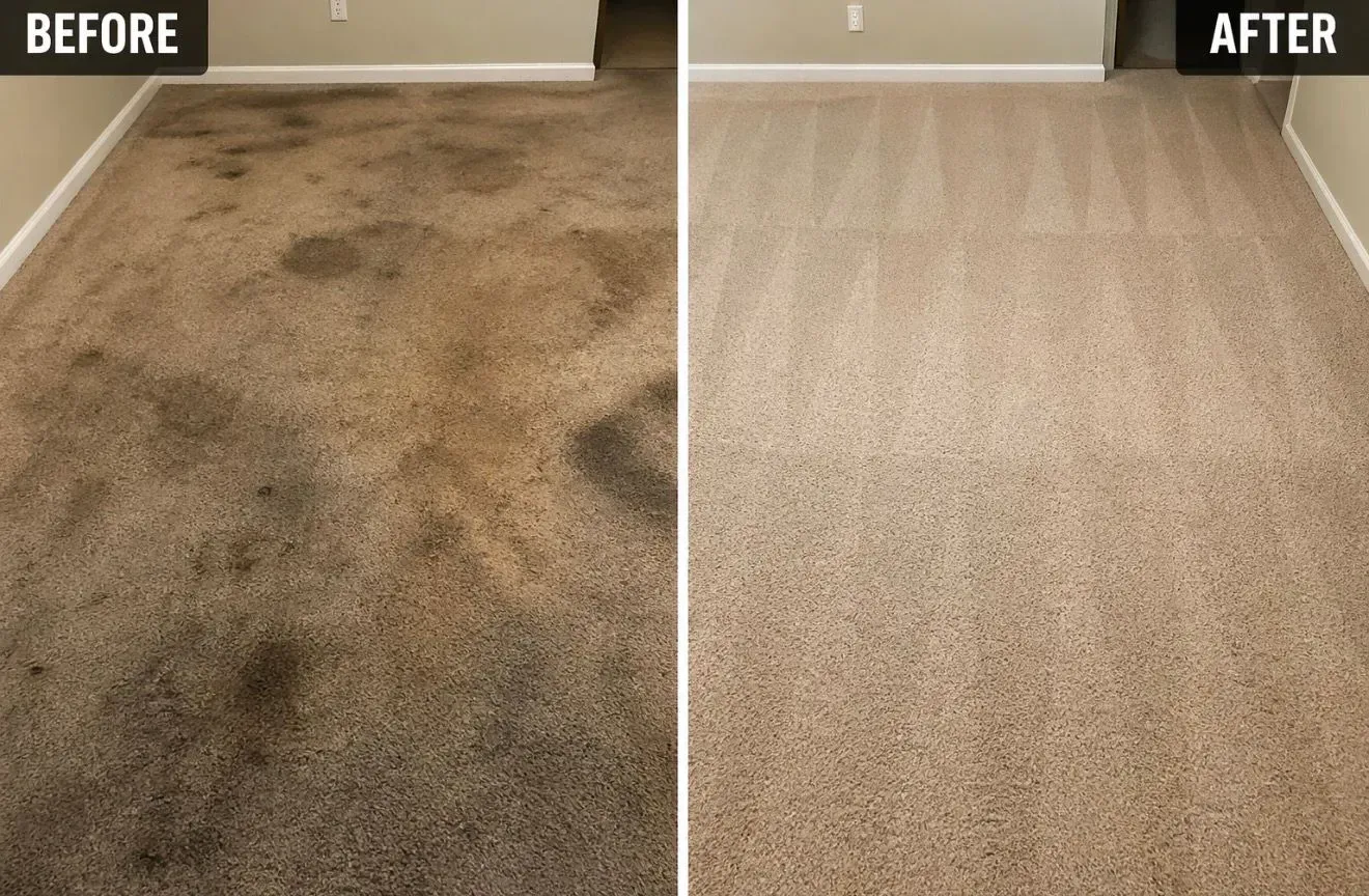 Before-and-after carpet cleaning: stained brown carpet becomes clean beige carpet.