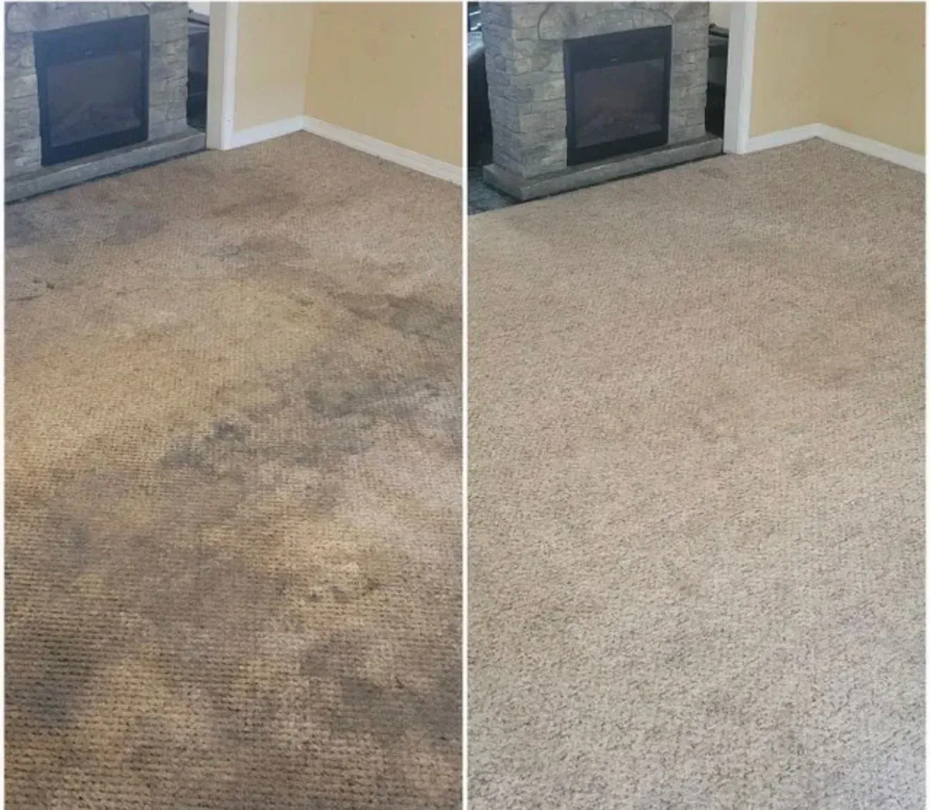 Split-view living room carpet before and after cleaning, showing a stained rug beside a restored beige carpet.