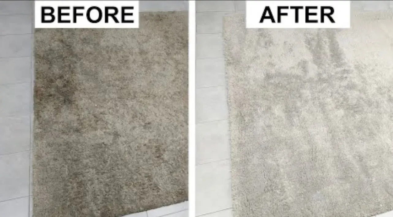 Before-and-after of a carpet or floor cleaning: dirty gray surface on left, lighter clean surface on right.
