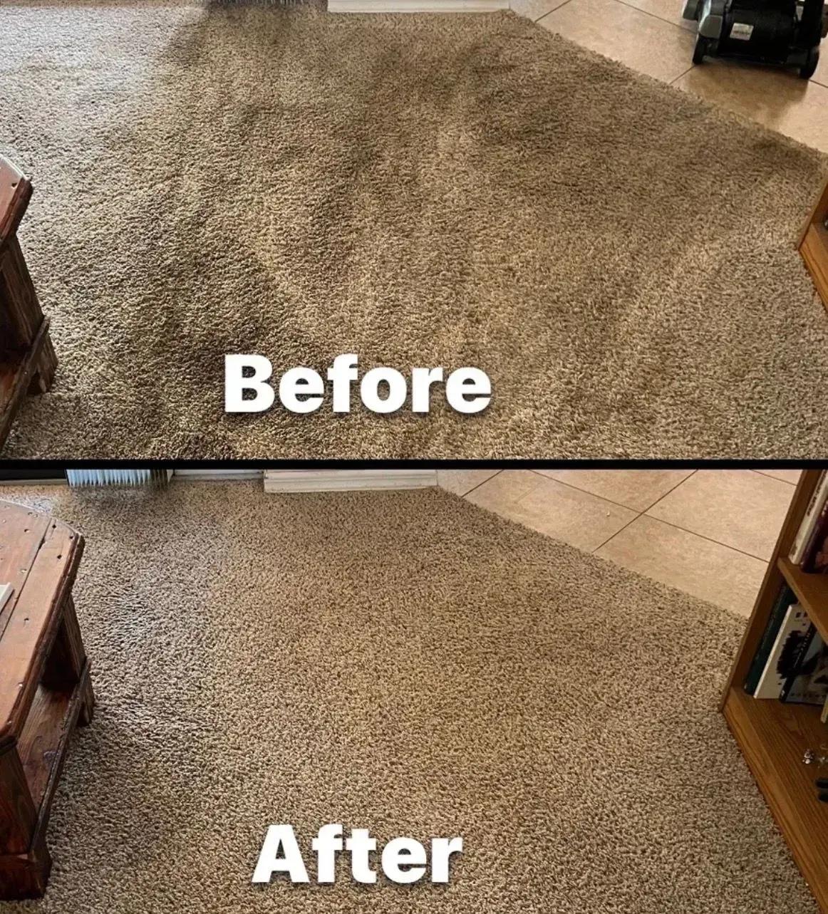 Carpeted floor labeled “Before” and “After,” showing a lighter, cleaned look in the after view