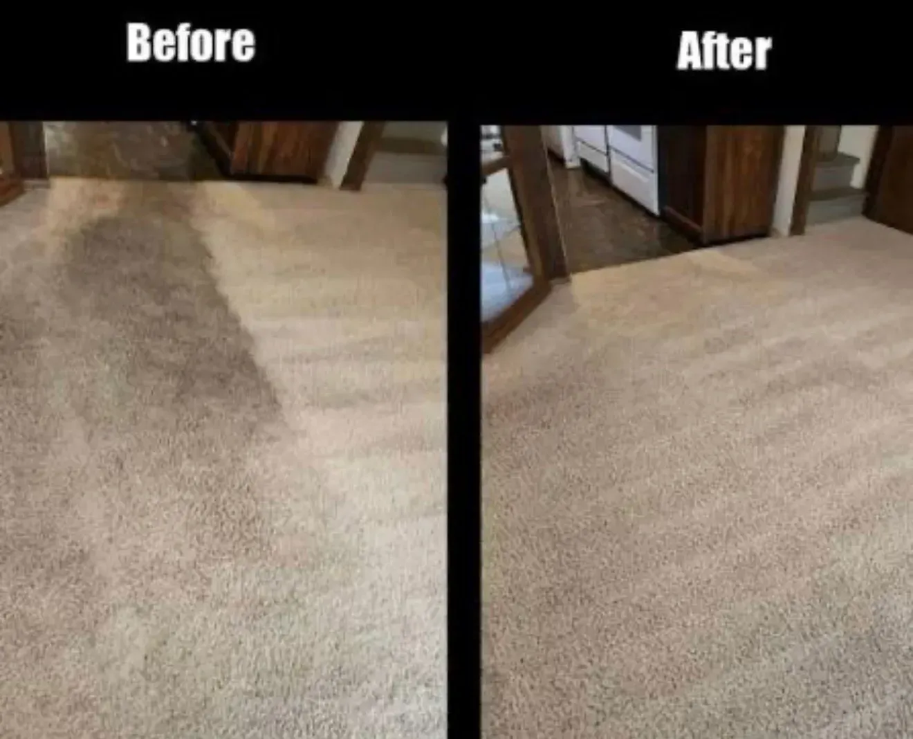 Before-and-after of a carpet stain removed, showing a cleaner beige carpet.
