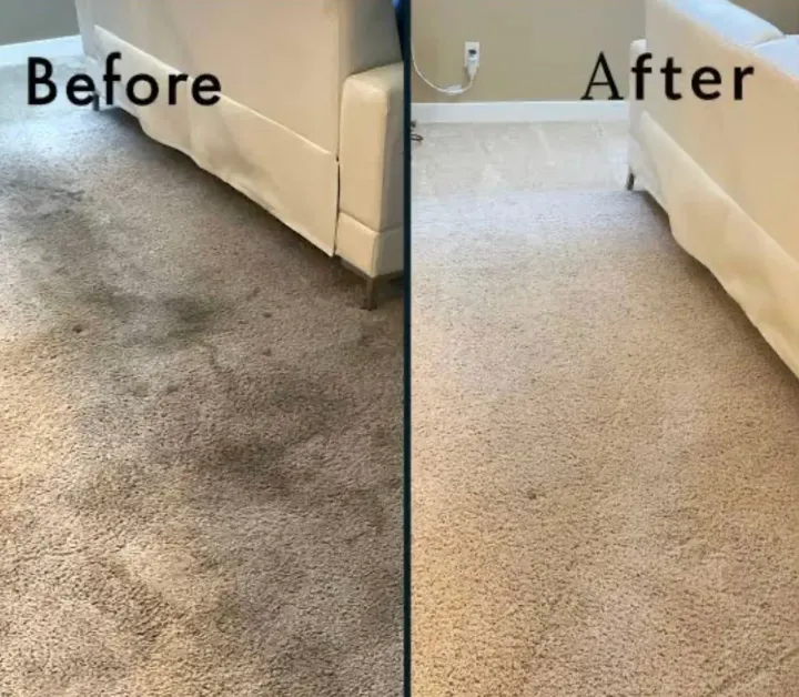 Side-by-side carpet cleaning comparison: dirty stained beige carpet before, clean beige carpet after.