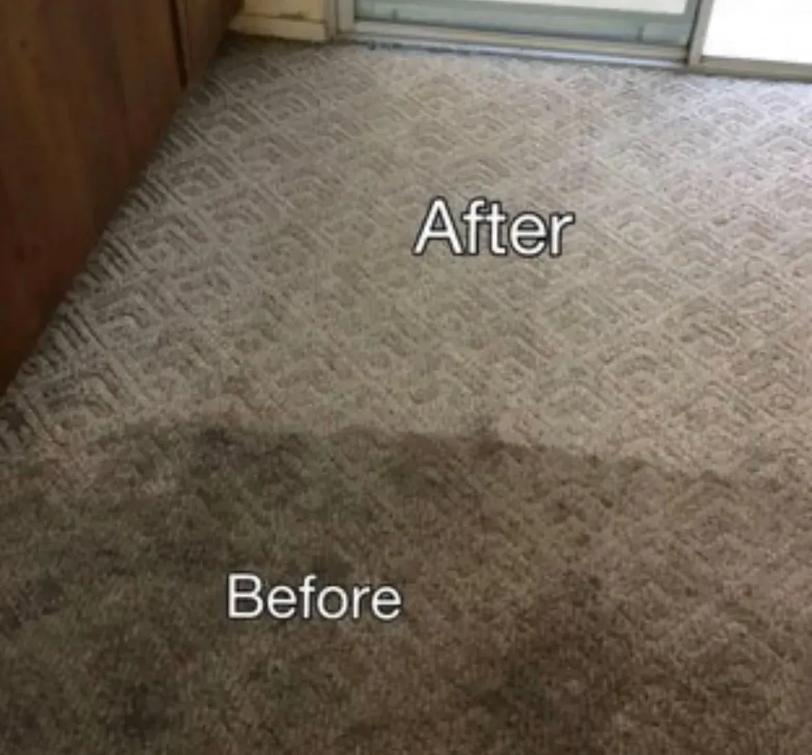 Carpet with a visible after-cleaning section above a darker before section near a doorway