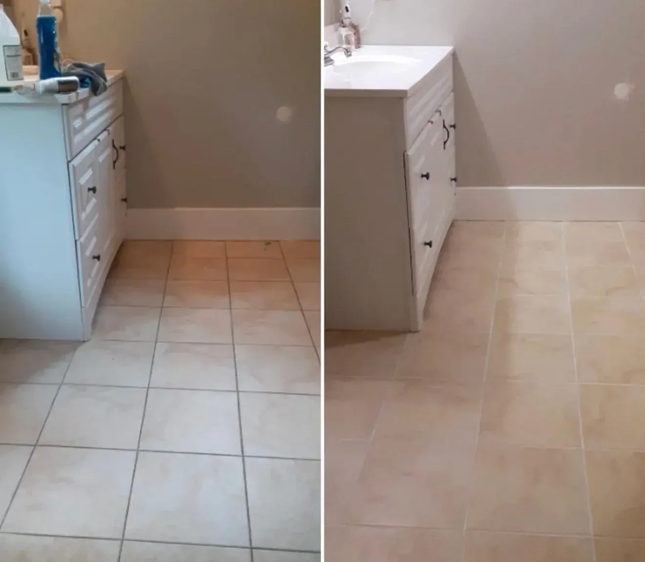 Bathroom floor shown before and after cleaning, with tiles looking visibly brighter on the right.
