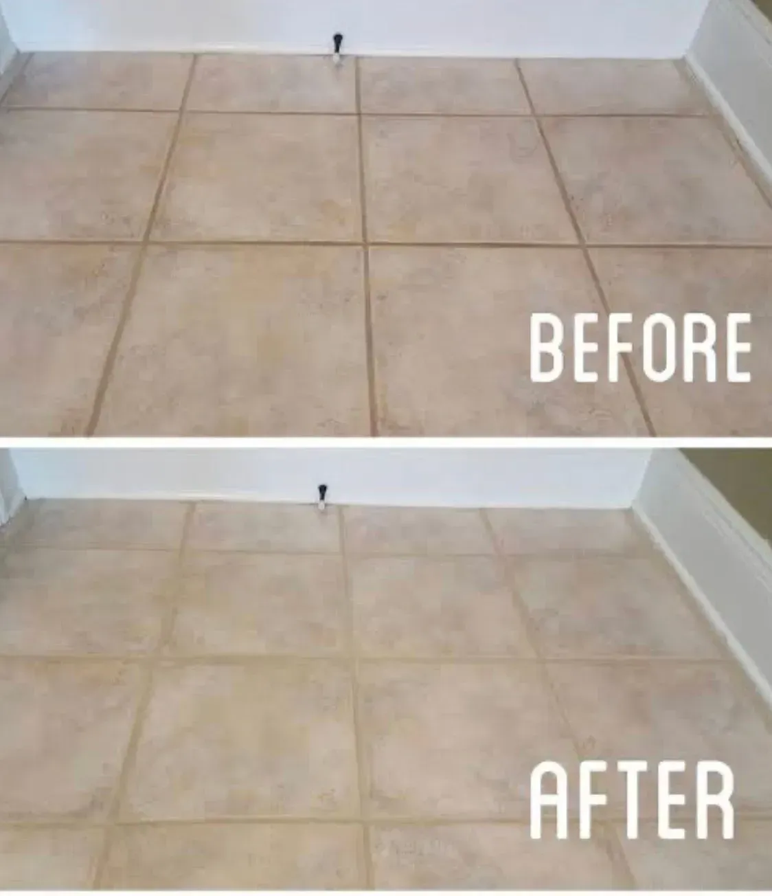 Tile floor cleaning comparison, before and after.