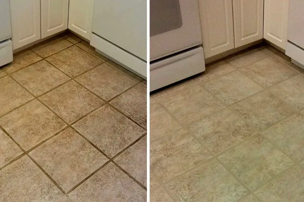 Split view of a kitchen floor: old grungy tile on the left, cleaner updated flooring on the right.