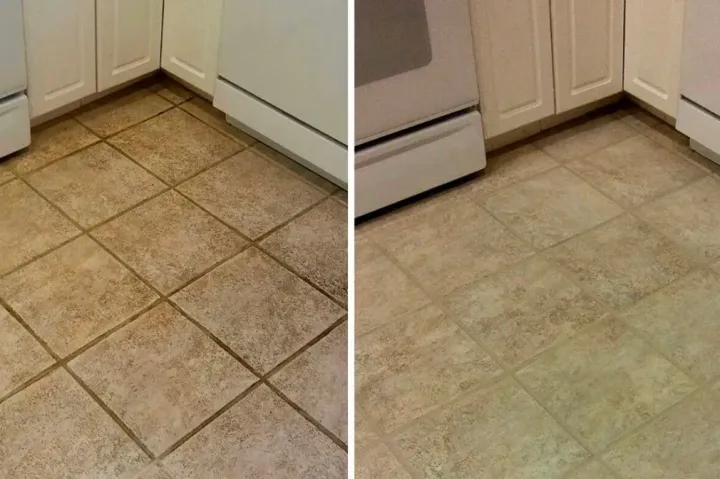 Split view of a kitchen floor: old grungy tile on the left, cleaner updated flooring on the right.