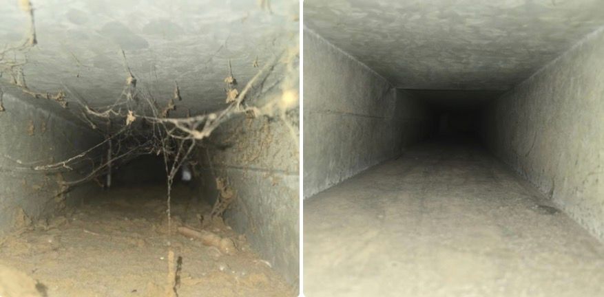 Dusty air duct with debris and spiderwebs on the left, clean square duct on the right
