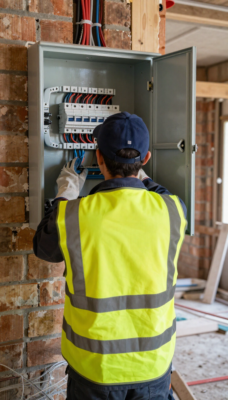 Electrician in a high-visibility vest wiring an open electrical panel at a construction site